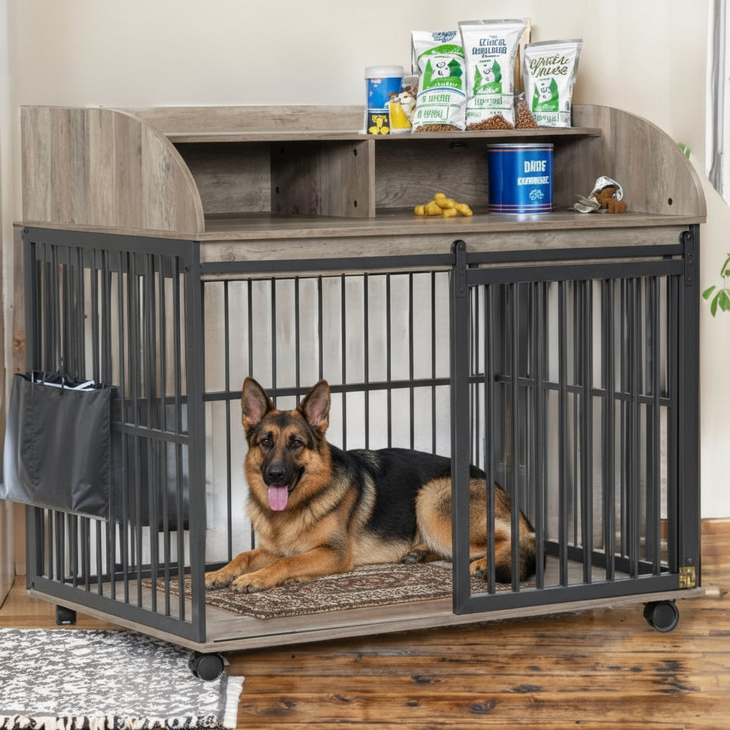 Designer Dog Crate Furniture with Storage & Sliding Door